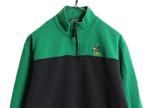 00s LAUREN ラルフローレン ハーフジップ 七分袖 スウェット レディース M オールド ポロ ハイネック クロスフラッグ ツートン カットソー