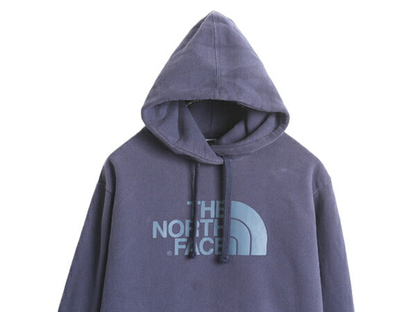 ノースフェイス プリント スウェット フード パーカー メンズ M 古着 The North Face アウトドア トレーナー プルオーバー 裏起毛 ネイビー