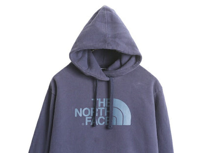 ノースフェイス プリント スウェット フード パーカー メンズ M 古着 The North Face アウトドア トレーナー プルオーバー 裏起毛 ネイビー