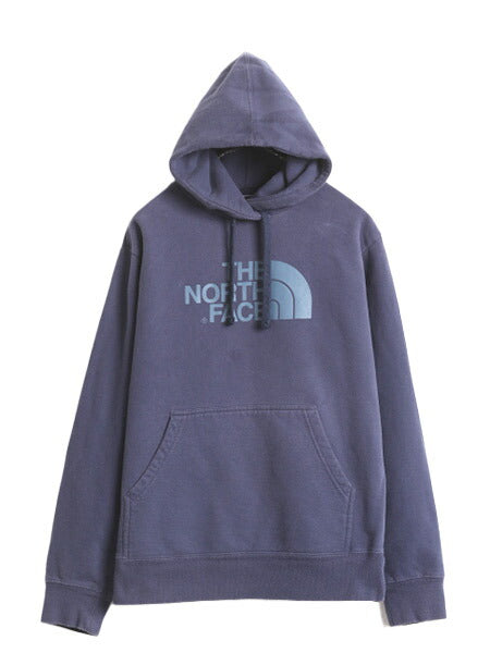ノースフェイス プリント スウェット フード パーカー メンズ M 古着 The North Face アウトドア トレーナー プルオーバー 裏起毛 ネイビー