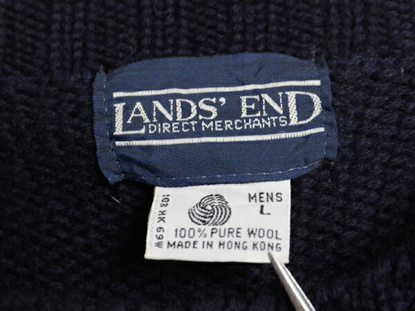 80s ランズエンド ウール ニット セーター メンズ L / 80年代 ヴィンテージ LANDS END クルーネック 無地 ミドルゲージ リブ編み ネイビー