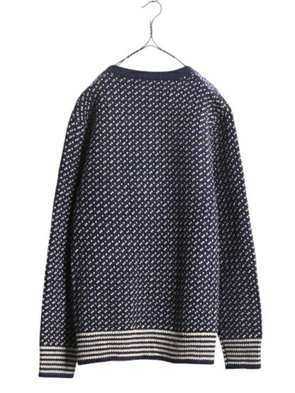 J CREW バーズアイ ラム ウール ニット セーター メンズ L 古着 ジェイクルー ノルディック クルーネック ミドルゲージ ツートン 総柄 紺