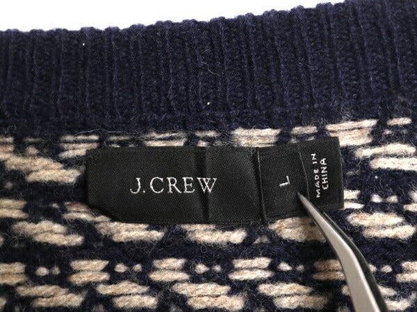 J CREW バーズアイ ラム ウール ニット セーター メンズ L 古着 ジェイクルー ノルディック クルーネック ミドルゲージ ツートン 総柄 紺