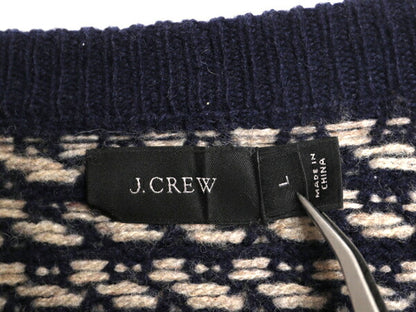J CREW バーズアイ ラム ウール ニット セーター メンズ L 古着 ジェイクルー ノルディック クルーネック ミドルゲージ ツートン 総柄 紺