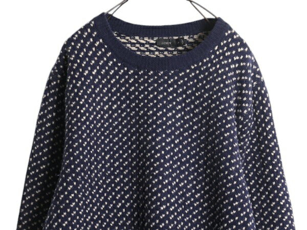 J CREW バーズアイ ラム ウール ニット セーター メンズ L 古着 ジェイクルー ノルディック クルーネック ミドルゲージ ツートン 総柄 紺