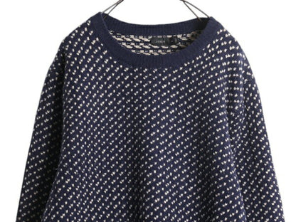 J CREW バーズアイ ラム ウール ニット セーター メンズ L 古着 ジェイクルー ノルディック クルーネック ミドルゲージ ツートン 総柄 紺