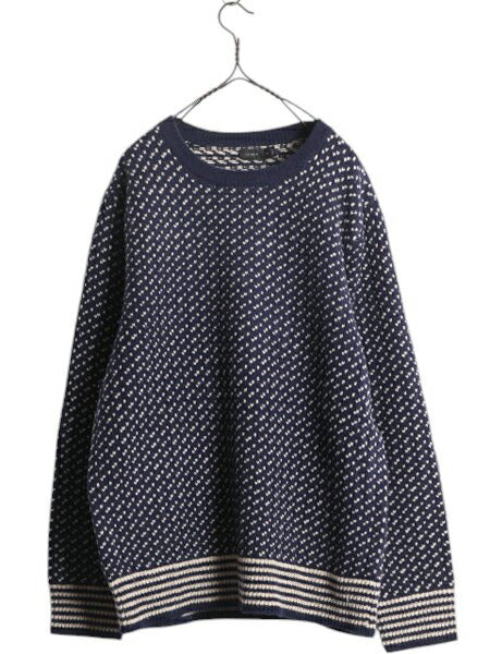 J CREW バーズアイ ラム ウール ニット セーター メンズ L 古着 ジェイクルー ノルディック クルーネック ミドルゲージ ツートン 総柄 紺