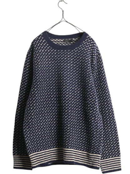 J CREW バーズアイ ラム ウール ニット セーター メンズ L 古着 ジェイクルー ノルディック クルーネック ミドルゲージ ツートン 総柄 紺