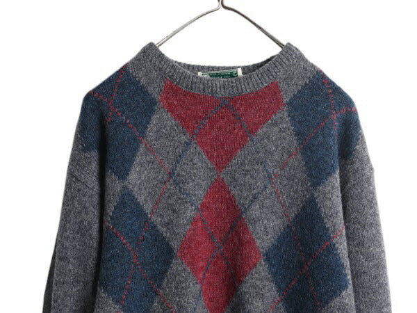 80s アイルランド製 エルエルビーン シェットランド ウール ニット セーター メンズ L ヴィンテージ LLBEAN アーガイル 総柄 クルーネック