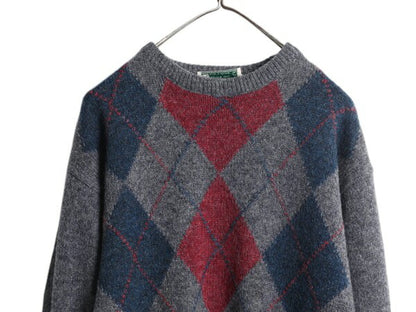 80s アイルランド製 エルエルビーン シェットランド ウール ニット セーター メンズ L ヴィンテージ LLBEAN アーガイル 総柄 クルーネック