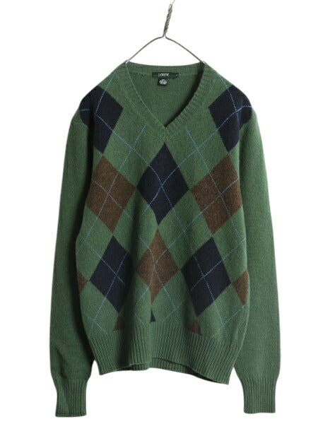 J CREW アーガイル ラム ウール ニット セーター メンズ S 古着 ジェイクルー Vネック 薄手 総柄 デザイン ミドルゲージ 薄手 マルチカラー