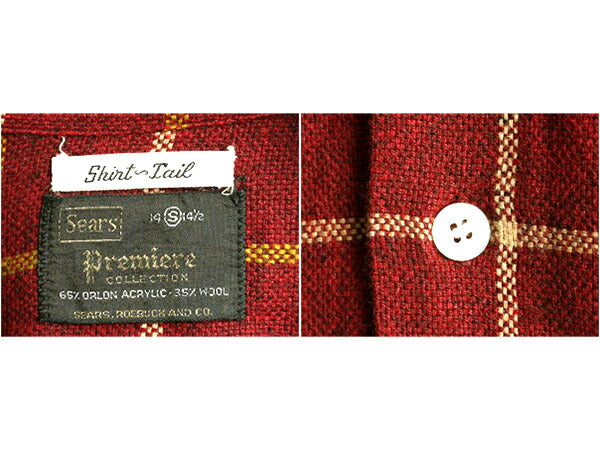 60s 70s ビンテージ 希少サイズ S ■ SEARS PREMIERE シアーズ チェック 長袖 アクリル ウール シャツ ( メンズ 男性 ) 古着 バーガンディ