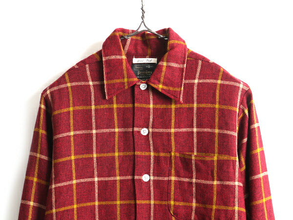 60s 70s ビンテージ 希少サイズ S ■ SEARS PREMIERE シアーズ チェック 長袖 アクリル ウール シャツ ( メンズ 男性 ) 古着 バーガンディ