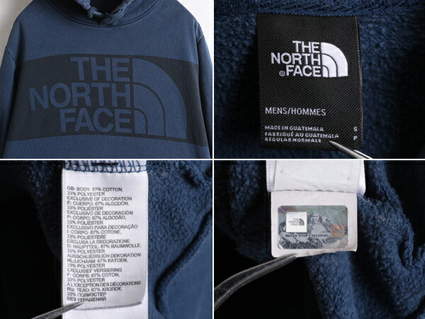 ノースフェイス プリント スウェット フード パーカー メンズ S 古着 The North Face プルオーバー 裏起毛 トレーナー アウトドア 薄手 青