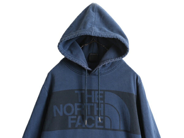 ノースフェイス プリント スウェット フード パーカー メンズ S 古着 The North Face プルオーバー 裏起毛 トレーナー アウトドア 薄手 青