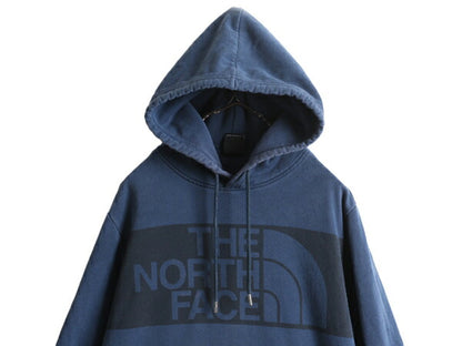 ノースフェイス プリント スウェット フード パーカー メンズ S 古着 The North Face プルオーバー 裏起毛 トレーナー アウトドア 薄手 青