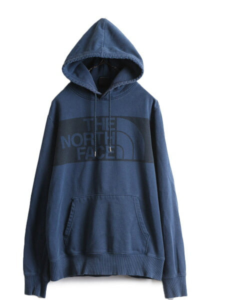 ノースフェイス プリント スウェット フード パーカー メンズ S 古着 The North Face プルオーバー 裏起毛 トレーナー アウトドア 薄手 青