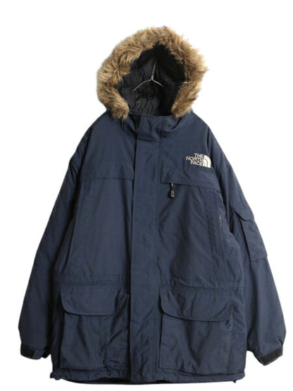 ノースフェイス ナイロン ダウン パーカー ジャケット メンズ M The North face アウトドア フェイク ファー付き ブルゾン マンパ ネイビー