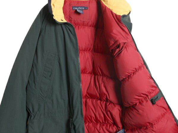 90s ノーティカ ナイロン ダウン ジャケット メンズ L 古着 オールド NAUTICA ジャンパー フルジップ ハイネック 防寒 袖刺繍 マルチカラー