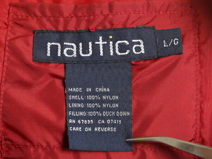 90s ノーティカ ナイロン ダウン ジャケット メンズ L 古着 オールド NAUTICA ジャンパー フルジップ ハイネック 防寒 袖刺繍 マルチカラー
