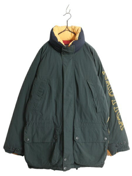 90s ノーティカ ナイロン ダウン ジャケット メンズ L 古着 オールド NAUTICA ジャンパー フルジップ ハイネック 防寒 袖刺繍 マルチカラー