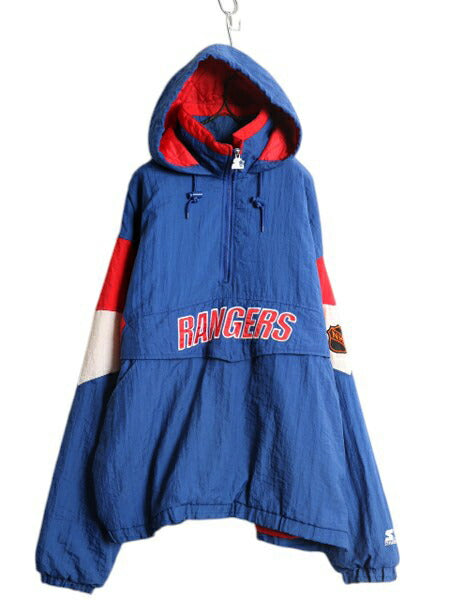 90s スターター NHL オフィシャル レンジャース プルオーバー 中綿 ナイロン ジャケット メンズ XL / 古着 オールド ハーフジップ ホッケー