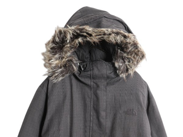 ノースフェイス HYVENT ダウン ジャケット レディース XL 古着 The North Face パーカー ハーフ コート チェック 総柄 フェイク ファー付き