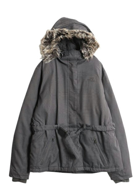 ノースフェイス HYVENT ダウン ジャケット レディース XL 古着 The North Face パーカー ハーフ コート チェック 総柄 フェイク ファー付き