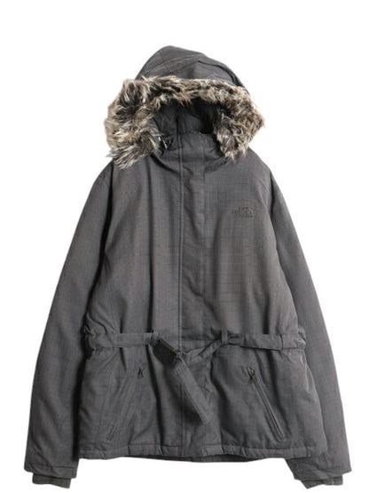 ノースフェイス HYVENT ダウン ジャケット レディース XL 古着 The North Face パーカー ハーフ コート チェック 総柄 フェイク ファー付き