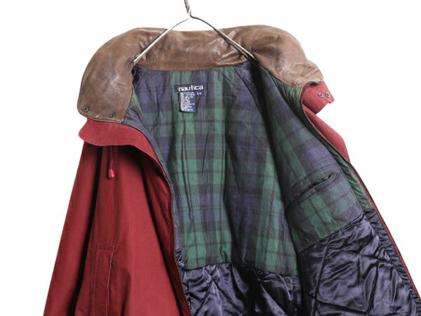 90s ノーティカ 中綿 コットン ジャケット メンズ L オールド NAUTICA 襟 本革 レザー ハイネック フルジップ ブルゾン 収納 フード エンジ