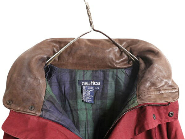 90s ノーティカ 中綿 コットン ジャケット メンズ L オールド NAUTICA 襟 本革 レザー ハイネック フルジップ ブルゾン 収納 フード エンジ