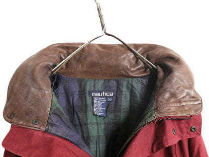 90s ノーティカ 中綿 コットン ジャケット メンズ L オールド NAUTICA 襟 本革 レザー ハイネック フルジップ ブルゾン 収納 フード エンジ
