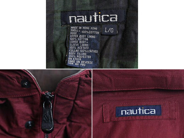 90s ノーティカ 中綿 コットン ジャケット メンズ L オールド NAUTICA 襟 本革 レザー ハイネック フルジップ ブルゾン 収納 フード エンジ