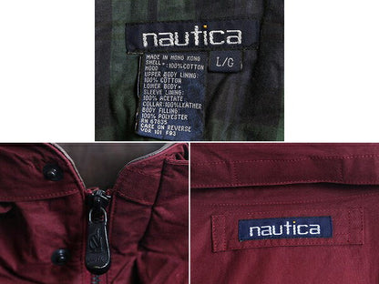 90s ノーティカ 中綿 コットン ジャケット メンズ L オールド NAUTICA 襟 本革 レザー ハイネック フルジップ ブルゾン 収納 フード エンジ