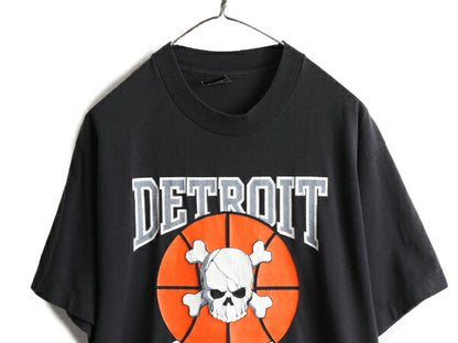 80s USA製 ■ NBA ピストンズ バッドボーイズ プリント 半袖 Tシャツ ( メンズ XL 小さめ L 程) 古着 80年代 ビンテージ スカル バスケ 黒