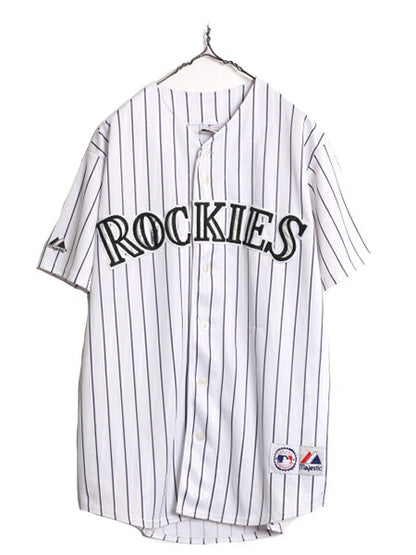 MLB オフィシャル Majestic ロッキーズ ベースボール シャツ メンズ L 程 古着 ユニフォーム ゲームシャツ メジャーリーグ 半袖シャツ 野球