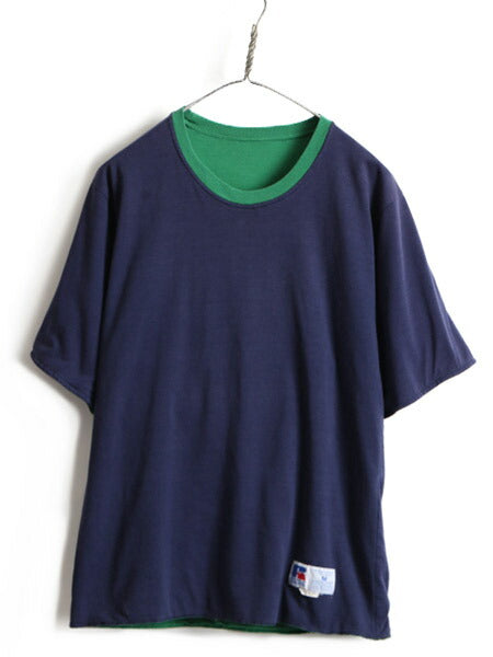 90s USA製 オールド ■ ラッセル リバーシブル 無地 半袖 Tシャツ ( メンズ M ) 古着 90年代 アメリカ製 RUSSEL 2トーン 紺 緑 半袖Tシャツ