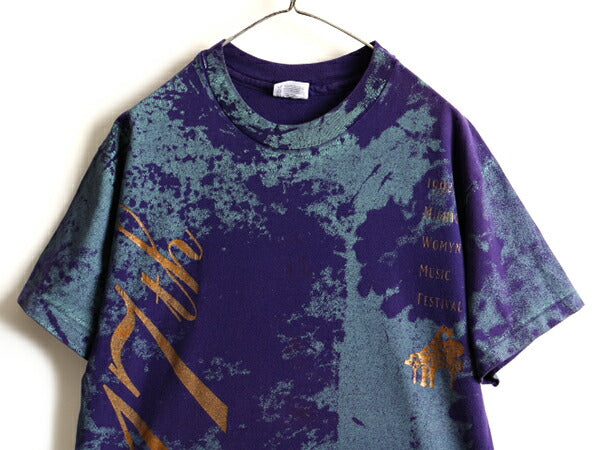 90s USA製 オールド ■ ヘインズ 総柄 オーバープリント 半袖 Tシャツ ( メンズ L ) 古着 90年代 HANES シングルステッチ プリントT シャツ