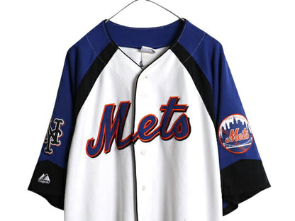 メッツ ベースボール シャツ メンズ XXL 程/ MLB オフィシャル マジェスティック 大リーグ ユニフォーム ゲームシャツ 重ね着 大きいサイズ