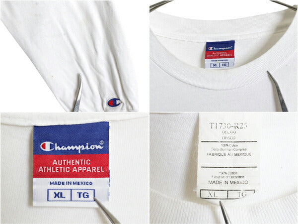 00s チャンピオン ワンポイント 長袖 Tシャツ メンズ XL オールド コットン ヘビーウェイト ロンT 目付き スプリプト ロゴ 大きいサイズ 白
