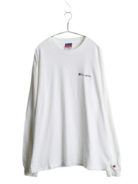 00s チャンピオン ワンポイント 長袖 Tシャツ メンズ XL オールド コットン ヘビーウェイト ロンT 目付き スプリプト ロゴ 大きいサイズ 白