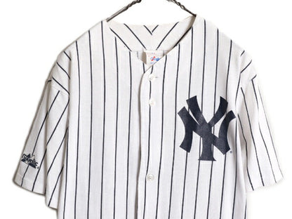 USA製 MLB オフィシャル Majestic ヤンキース ベースボール シャツ メンズ M / 古着 ユニフォーム ゲームシャツ メジャーリーグ ストライプ