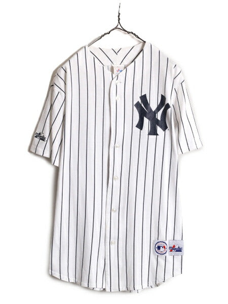 USA製 MLB オフィシャル Majestic ヤンキース ベースボール シャツ メンズ M / 古着 ユニフォーム ゲームシャツ メジャーリーグ ストライプ