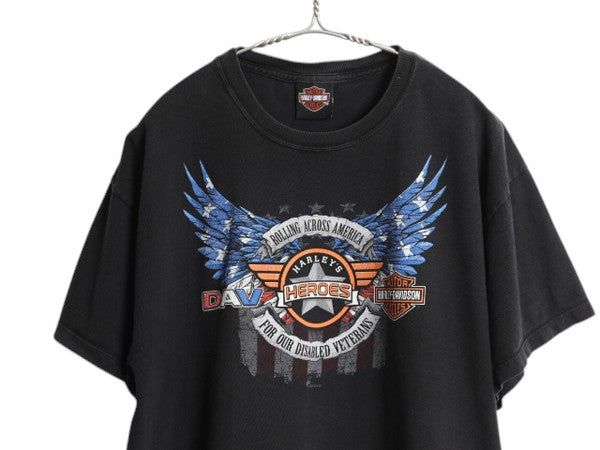 ハーレー ダビッドソン 両面 プリント 半袖 Tシャツ メンズ L 程/ 古着 オフィシャル イーグル 星条旗 イラスト バイク ヘビーウェイト 黒