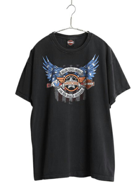ハーレー ダビッドソン 両面 プリント 半袖 Tシャツ メンズ L 程/ 古着 オフィシャル イーグル 星条旗 イラスト バイク ヘビーウェイト 黒