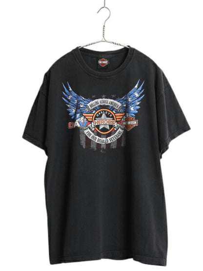 ハーレー ダビッドソン 両面 プリント 半袖 Tシャツ メンズ L 程/ 古着 オフィシャル イーグル 星条旗 イラスト バイク ヘビーウェイト 黒