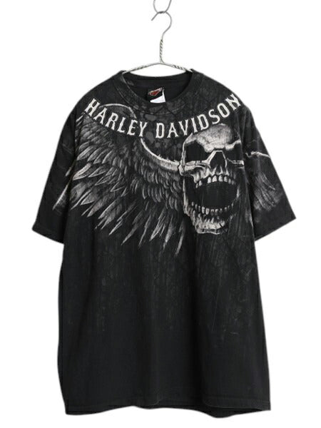 USA製 ハーレー ダビッドソン スカル ウィング オーバー プリント 半袖 Tシャツ メンズ XL オフィシャル バイク イラスト 大きいサイズ 黒