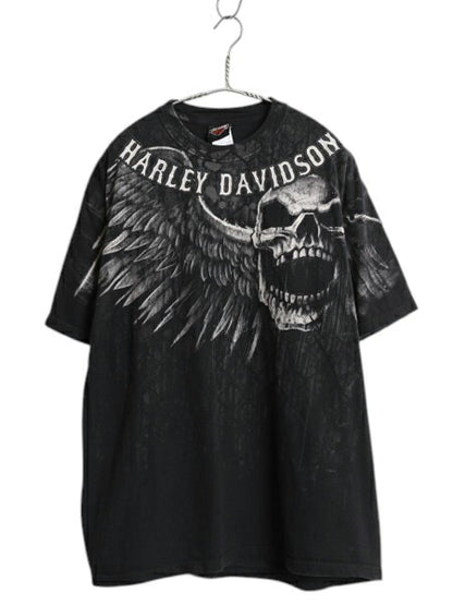USA製 ハーレー ダビッドソン スカル ウィング オーバー プリント 半袖 Tシャツ メンズ XL オフィシャル バイク イラスト 大きいサイズ 黒