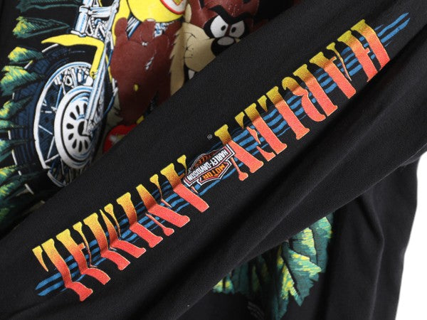 90s USA製 タズマニアンデビル × ハーレー ダビッドソン モックネック プリント 長袖 Tシャツ メンズ L オールド キャラクター バイク 黒