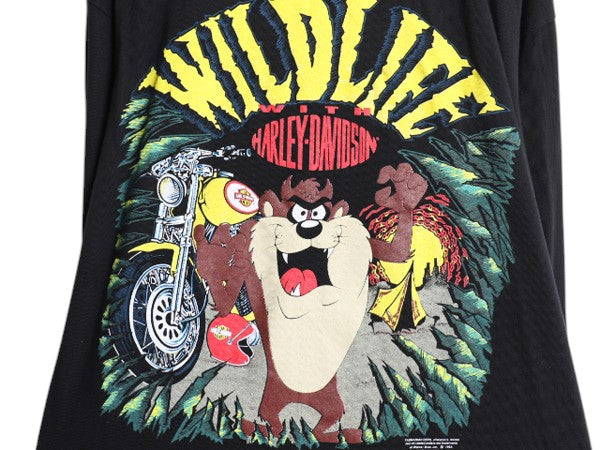 90s USA製 タズマニアンデビル × ハーレー ダビッドソン モックネック プリント 長袖 Tシャツ メンズ L オールド キャラクター バイク 黒